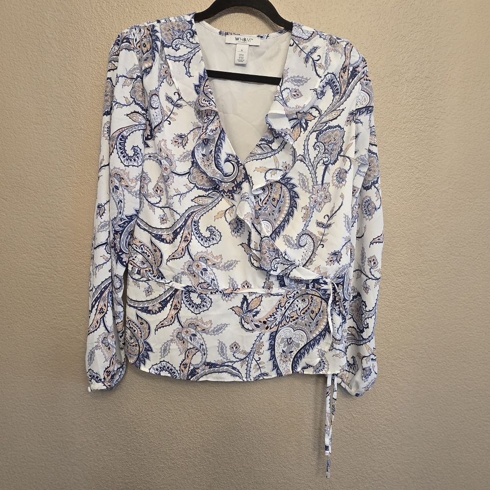 WHBM 12 White House Black Market Paisley Print Wrap Blouse